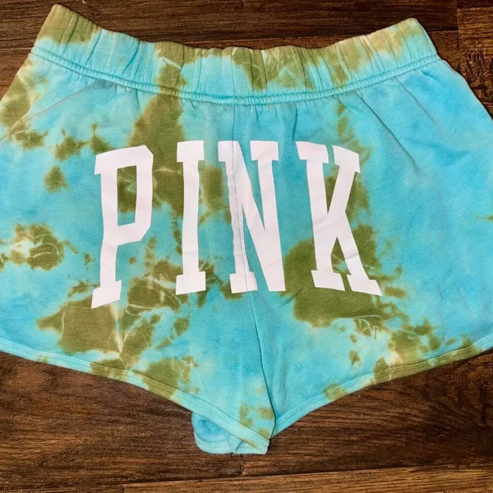 Pink Victoria's Secret Blue And Brown Tie Dye Fleece Shorts Size M